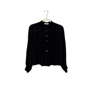 Mango MNG Womens Black Pintuck Ruffle Neck Button Down Blouse Size S